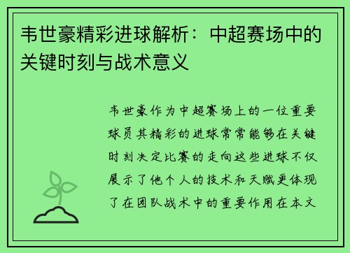韦世豪精彩进球解析：中超赛场中的关键时刻与战术意义