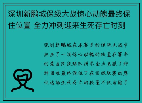 深圳新鹏城保级大战惊心动魄最终保住位置 全力冲刺迎来生死存亡时刻 深圳新鹏城保级大战惊心动魄最终保住位置 全力冲刺迎来生死存亡时刻